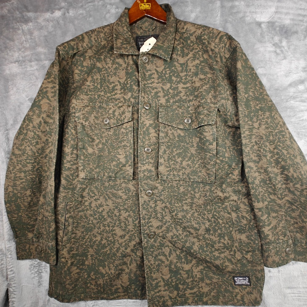 Levis Mens Garment Dyed Utility Jacket Olive Green Leaf Print Ripstop Chore Coat